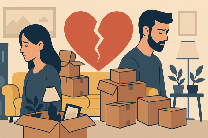 Couple en séparation entouré de cartons