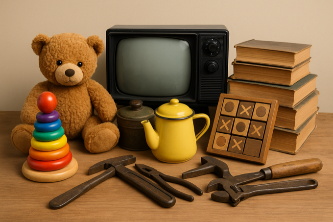 ensemble-objets-anciens Composition d’objets anciens valorisables : ours en peluche, outils, livres, télé rétro