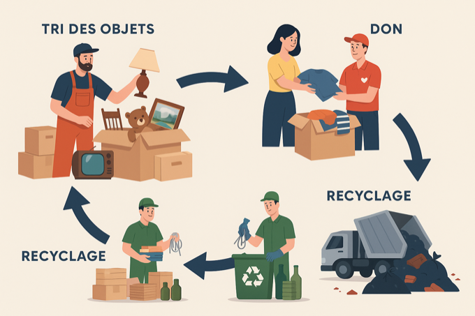 Illustration du tri, don, recyclage et mise en décharge des objets d’un débarras
